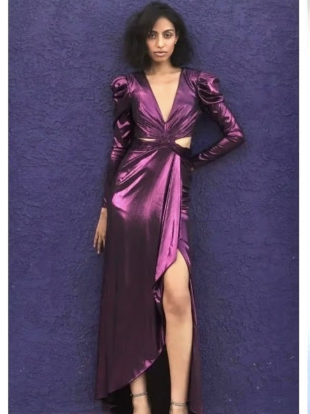 NWT Mac Duggal Princess Sleeve Cut Out Metallic Gown in Fuchsia - $498
